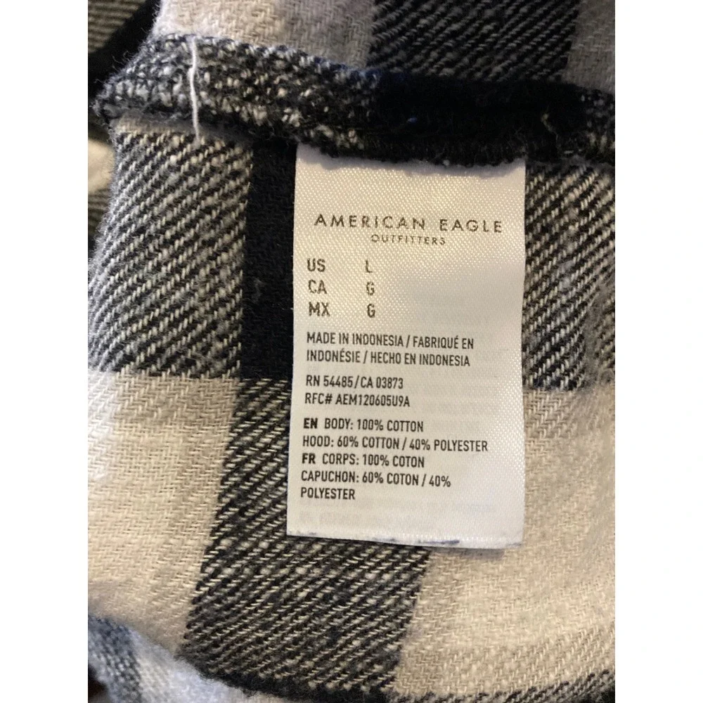 American Eagle Cropped Flannel Hooded Shirt Buffalo Plaid Black‎ White Large